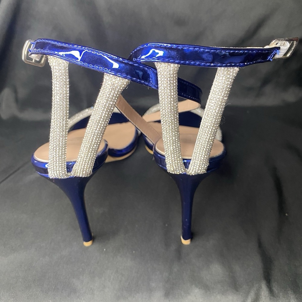 Metallic Blue Patent Rhinestone Cross Strap Stiletto Sandal Heels Sz 9 - Picture 5 of 9